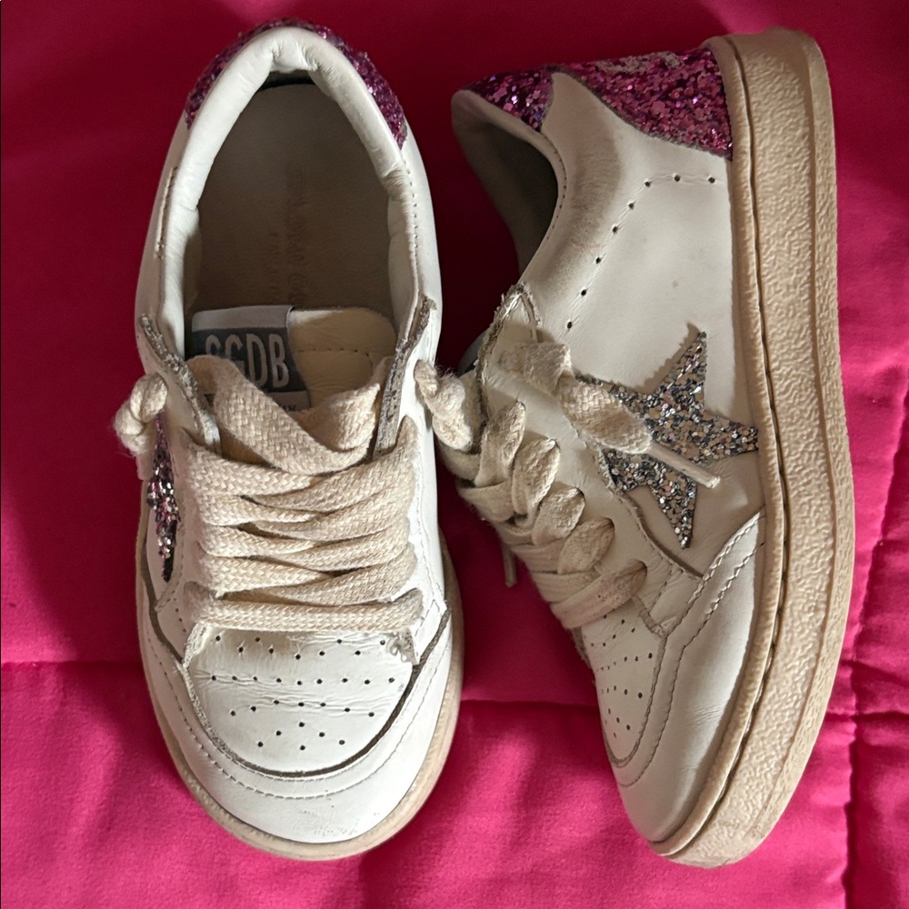 Golden Goose Kids White Leather Sneakers with Pink and Silver Glitter